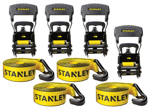 STANLEY S1007 Black/Yellow 1.5" x 16' Ratchet Tie Down Straps - 1,100 lb Safe Working Load / 3,300 lb Break Strength, 2 Pack