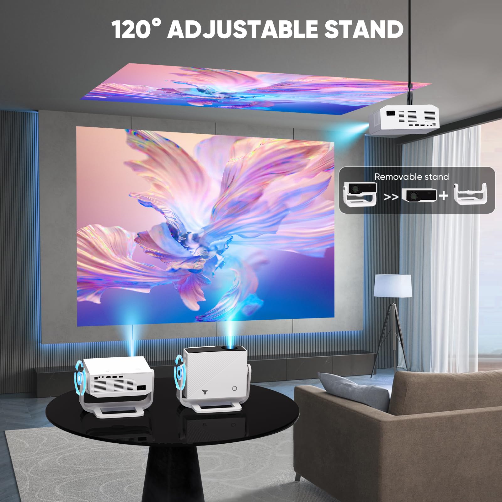 Wielio Smart Projector Built-in Apps, 500ANSI Native 1080P 4K Supported, WiFi 6 & Bluetooth 5.2, Low Fan Noise (<29.8dB), 120° Adjustable Stand, Auto Keystone, Projector for iOS/Android/PS5