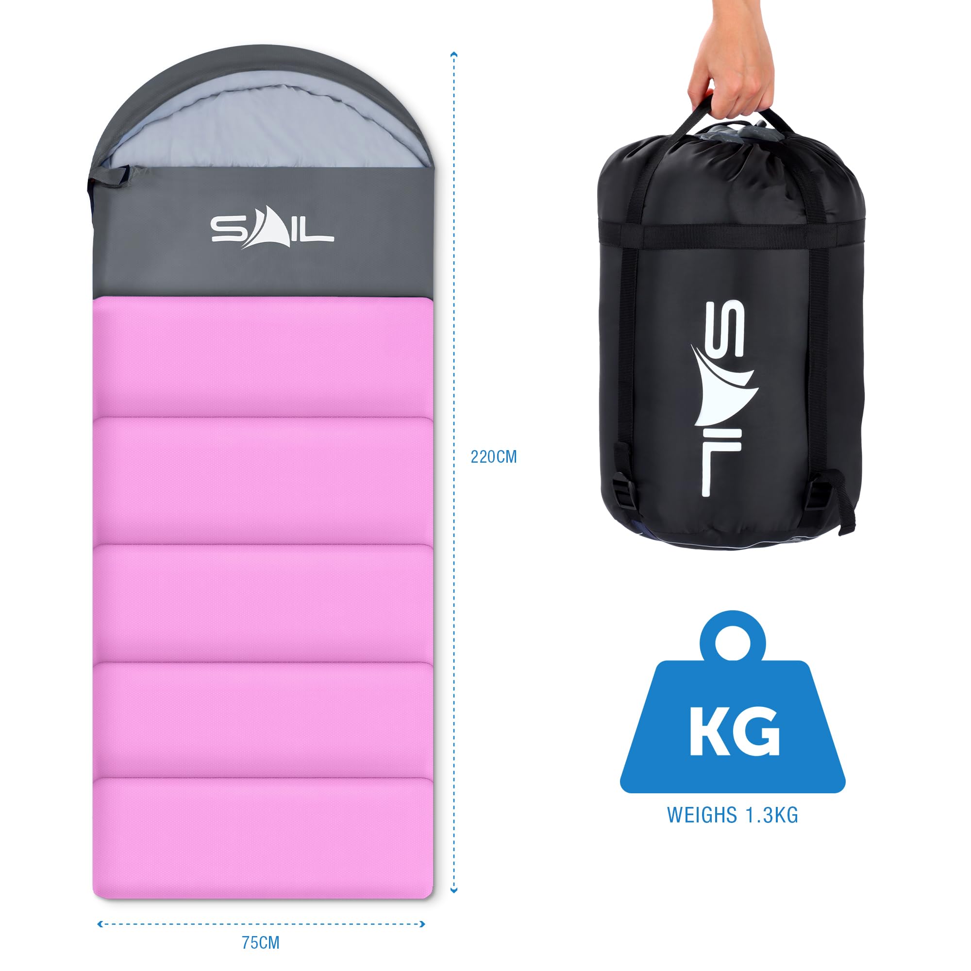 SAIL Sleeping Bag 3-4 Season Waterproof Indoor & Outdoor Use 1.3KG/2KG for Kids & Adults for Hiking, Backpacking and Camping