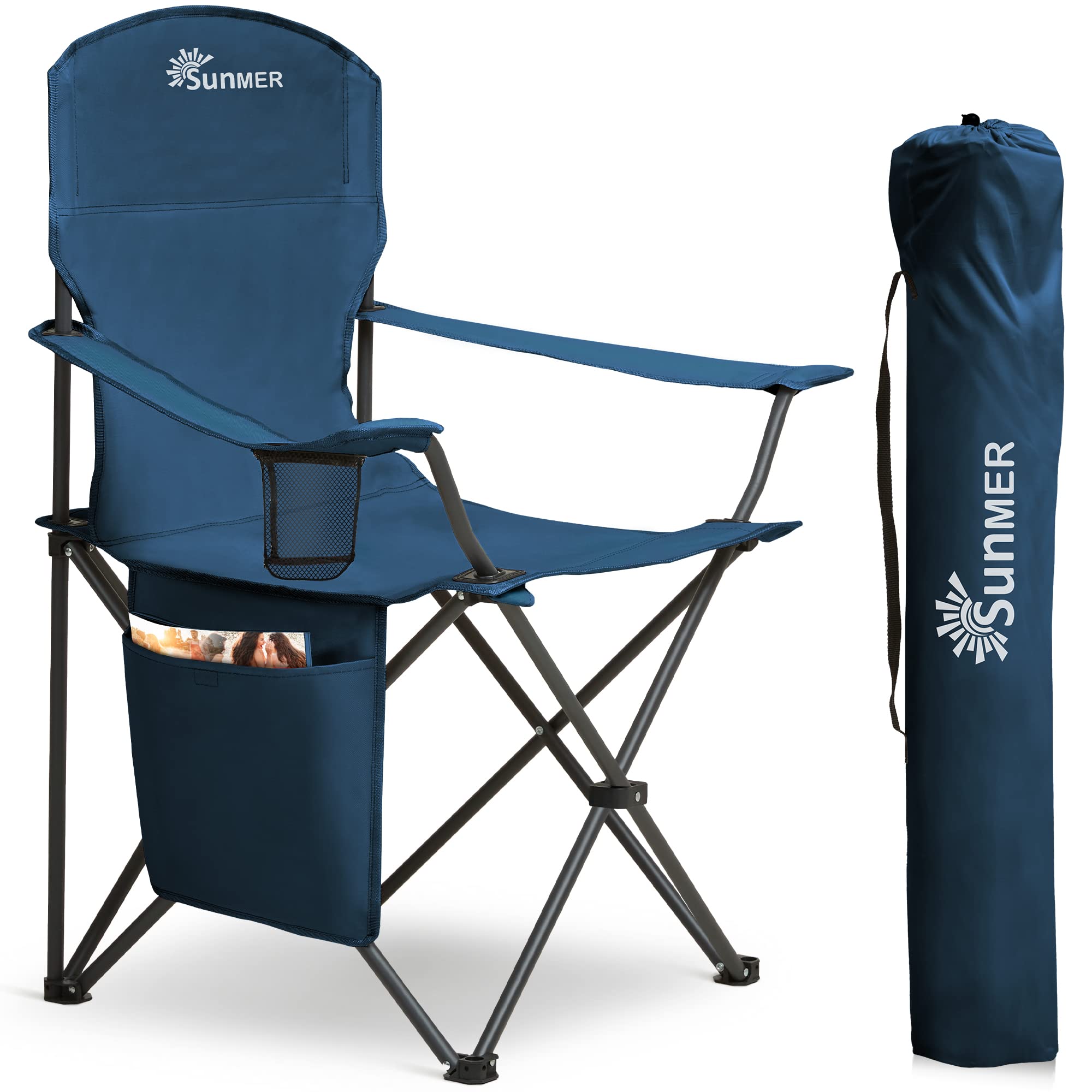 SUNMER Set of 2 Folding Camping Chairs, Extra-Wide Lightweight Outdoor Chairs with Armrests, Cup Holder and a Side Pocket, 120kg Capacity per Chair - Black