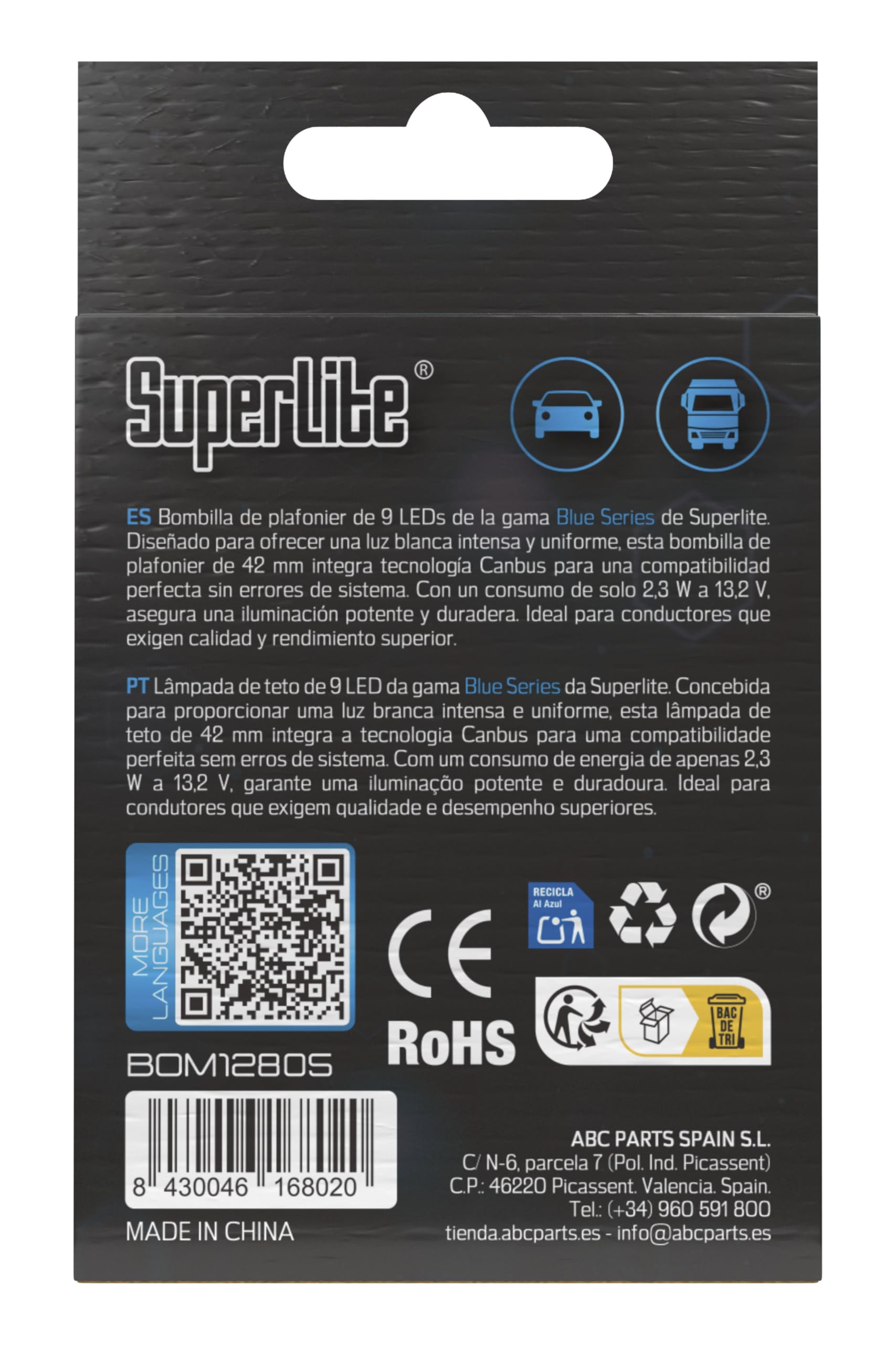 Superlite Set of 2 T10 Bulbs with 18 Leds from the Blue Series range. CanBus Technology and 6500K Colour Temperature. Ideal for Car and Truck.