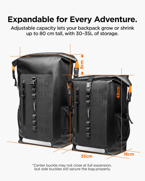 Spigen Waterproof Backpack IPX6 35L Roll Top Travel Rucksack Fits up to 16 Inch Laptop, Multi-Compartment Bag Ventilated Back, Chest Strap Hiking, Camping, Swimming, Canoeing, Fishing – Black