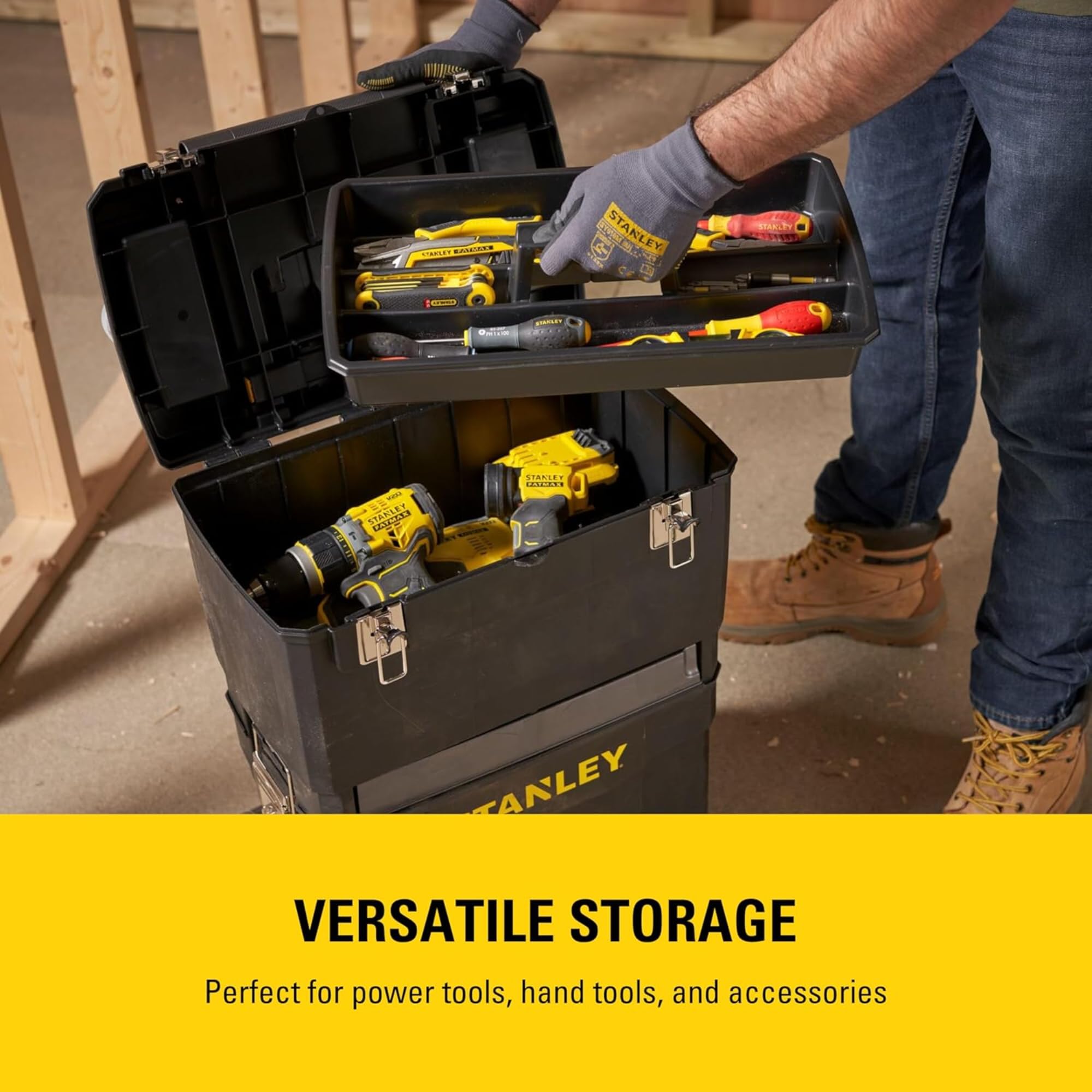 STANLEY Mobile Work Centre Toolbox, 2-in-1 Rolling Workshop with Stackable Units, Removable Toolbox, and Swivel Storage Carousel, 1-93-968