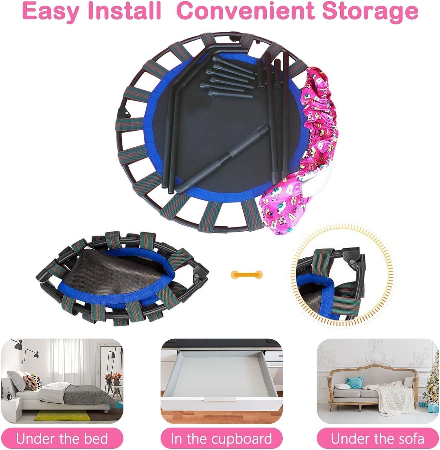 36'' Kids Trampoline Body Coordination with Adjustable Handle Back Panel Foldable Mini and Safety Padded Cover Trampoline Indoor and Outdoor Exercise