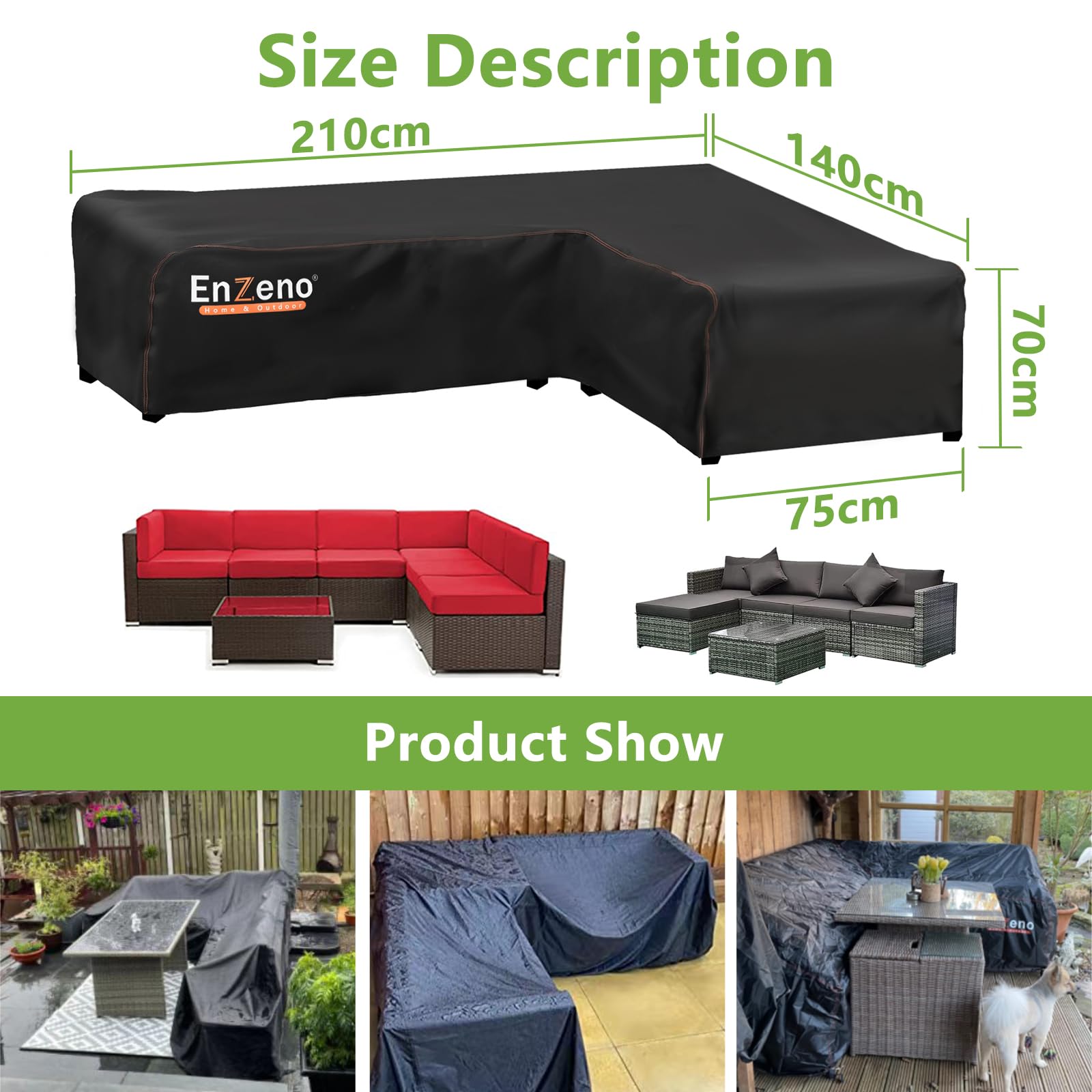 Enzeno l shaped garden sofa covers waterproof,420D Oxford Fabric outdoor sofa cover, Rattan Corner Furniture Cover with Waterproof Tape (210x140x75cm)