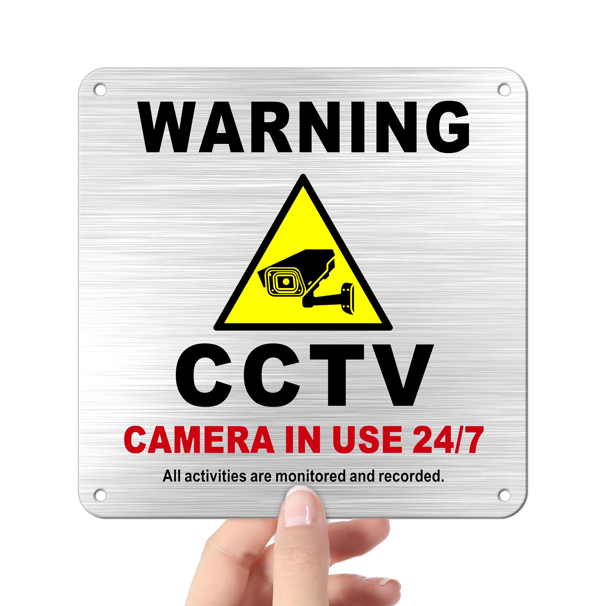 TAKULA Pre-drilled CCTV Sign - 15 * 15cm Aluminium Brushed Metal Sign - 24 HR Outdoor Waterproof, UV Resistant, Durable | Pack of 1