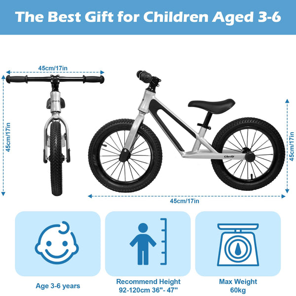 CHOLY 14 Inch Balance Bike for 3,4,5,6 Year Old Boys Girls, No Pedal Kids Bike with Adjustable Seat, Air Tires and Magnesium Alloy Frame, Lightweight Children's Traing Bicycle