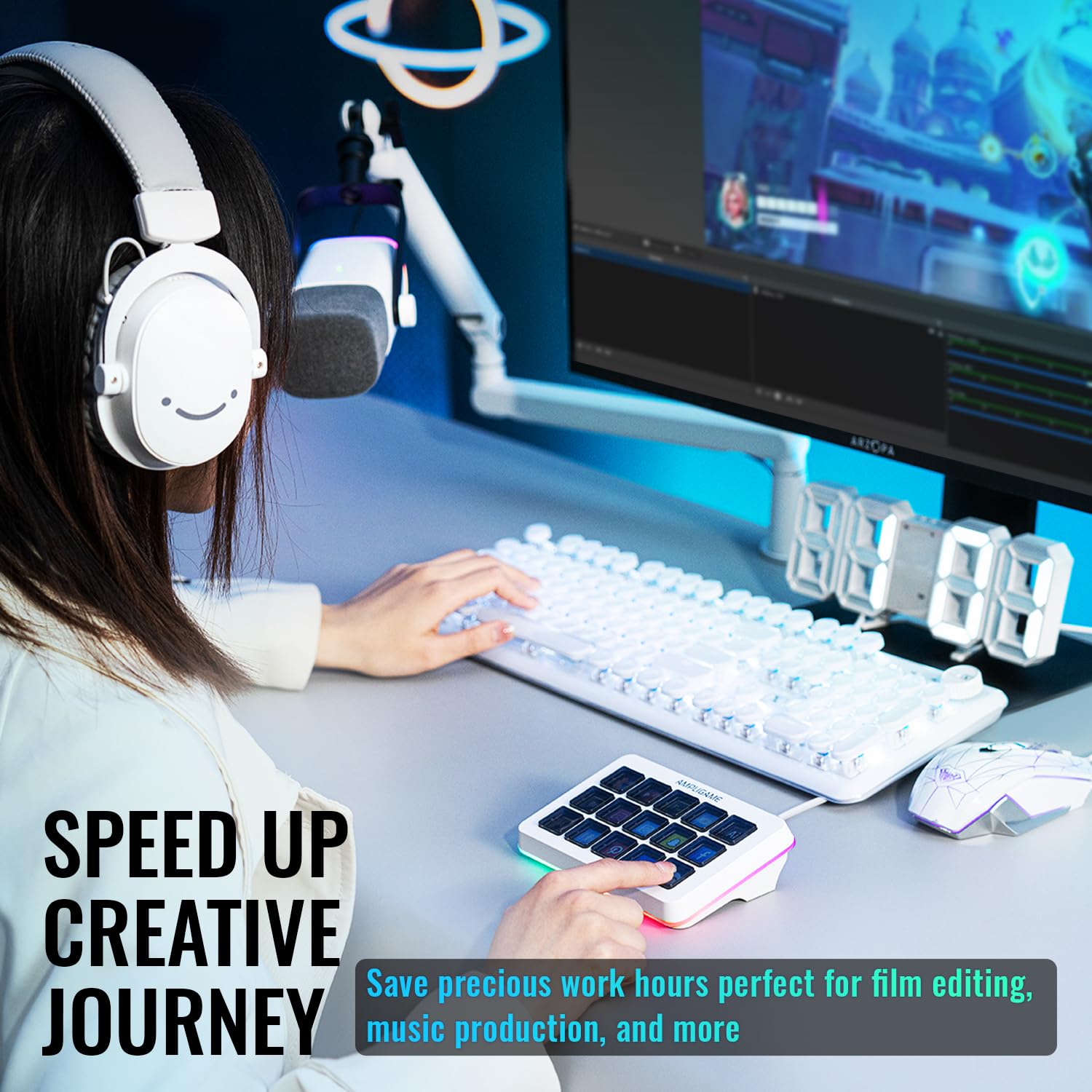 FIFINE Streaming Controller with 15 Customizable Keys for Live Stream, Gaming and Podcast, Macro Keyboard Compatible with Twitch/OBS/YouTube/Streamlabs Etc, White Keypad for Mac and PC - D6W