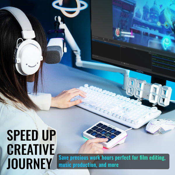 FIFINE Streaming Controller with 15 Customizable Keys for Live Stream, Gaming and Podcast, Macro Keyboard Compatible with Twitch/OBS/YouTube/Streamlabs Etc, White Keypad for Mac and PC - D6W
