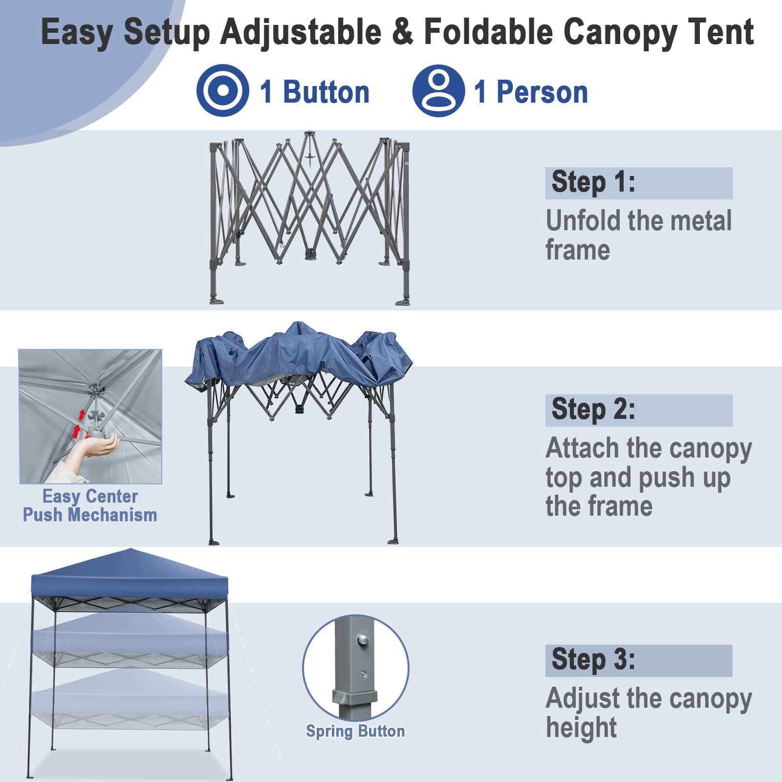 COSTWAY 2m x 2m Pop up Gazebo, 3-Position Height Adjustable Commercial Instant Canopy Tent with Carry Bag, Garden Patio Sun Shelter for Camping BBQ Party (Blue, 198 x 198 x 190-244 cm)