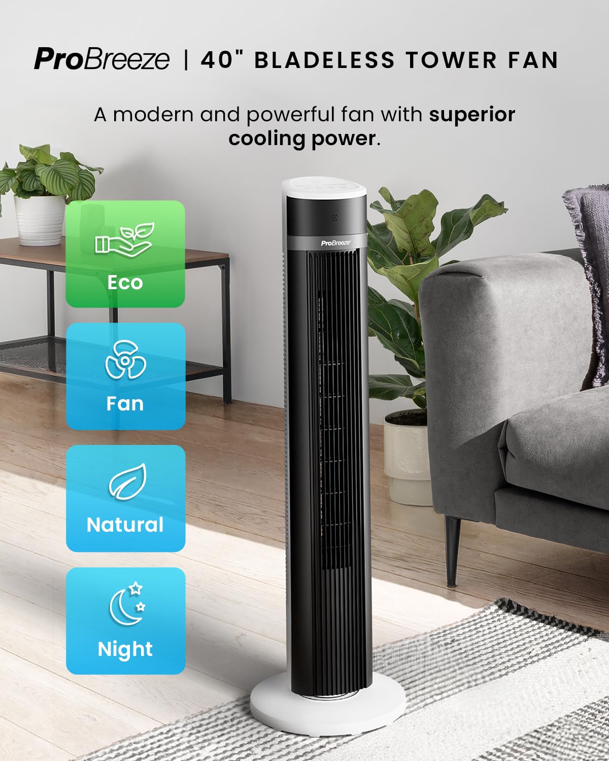 Pro Breeze Bladeless Tower Fan Quiet & Portable with Remote Control, 90° Oscillation, 15h Timer, 4 Modes, 3 Speeds - Powerful Electric 45W Motor Standing Air Circulator for Bedroom & Office