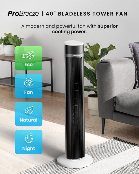Pro Breeze Bladeless Tower Fan Quiet & Portable with Remote Control, 90° Oscillation, 15h Timer, 4 Modes, 3 Speeds - Powerful Electric 45W Motor Standing Air Circulator for Bedroom & Office