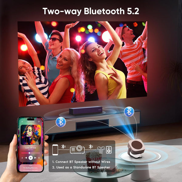 [Built-in Apps with Netflix]Projector, Native 1080P Mini Projector 4K Support with WiFi and BT, 500ANSI E-Focus/Auto Keystone 50% Zoom 270° Rotatable Portable for Bedroom/Outdoor, Remote/Mouse Control