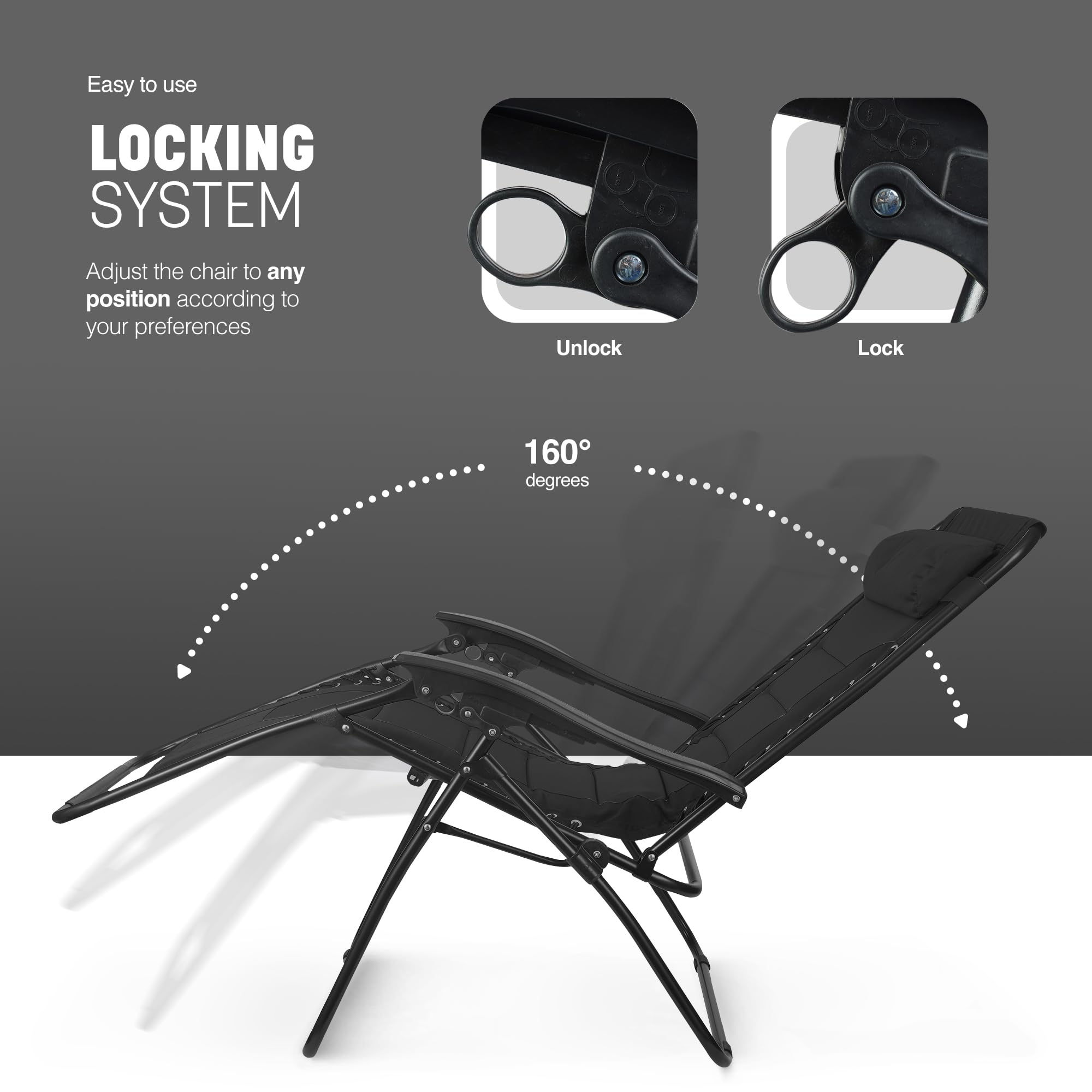 KEPLIN Set of 2 XXL Premium Heavy Duty Padded Zero Gravity Chairs - Luxurious Garden Recliners, Adjustable Headrest, Cup & Phone Holder, Foldable, Easy to Clean Patio Sun Loungers(Black)