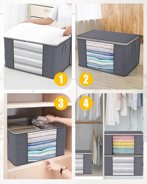 KALAHOL 90L Large Capacity Clothes Storage Bags with Zips, Storage Boxes with Lids, Reinforced Handle, Foldable, Thick Fabric, for Comforters, Clothes, Blankets, Bedding, 4 Pack, Dark Grey