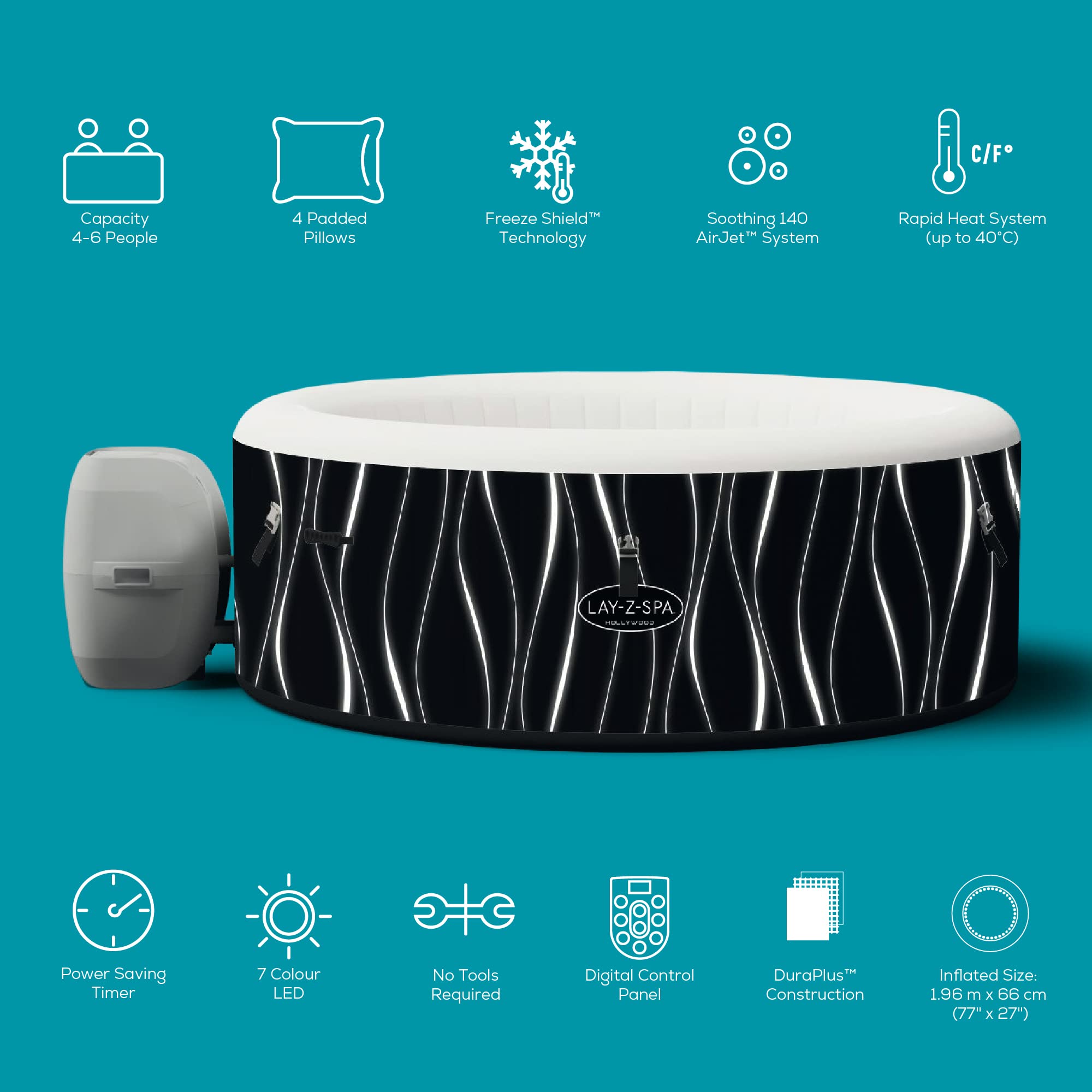 Lay-Z-Spa Paris AirJet Inflatable Hot Tub Spa 4-6 person, 1.96 m x 66 cm