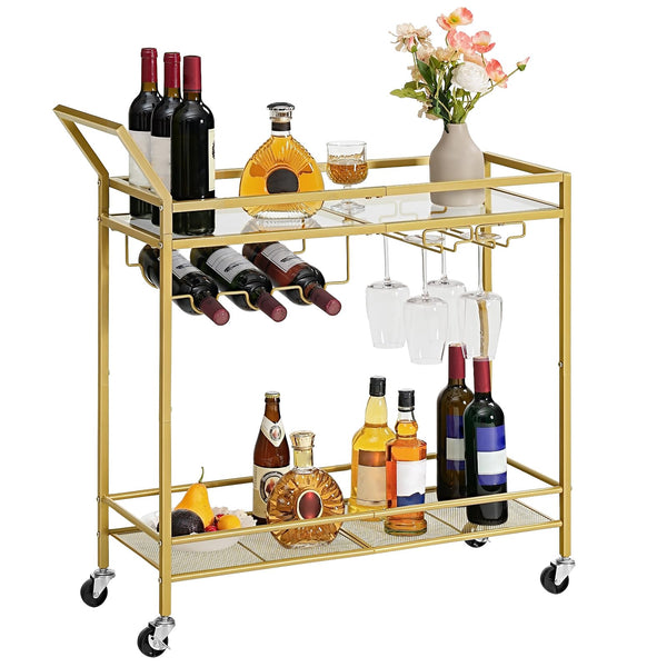 HOOBRO Drinks Trolley Gold, Bar Cart, Bar Trolley, Kitchen Trolley on Wheels, Serving Trolley with Glass Shelf, Wine Rack and Glass Holder, Home Bar