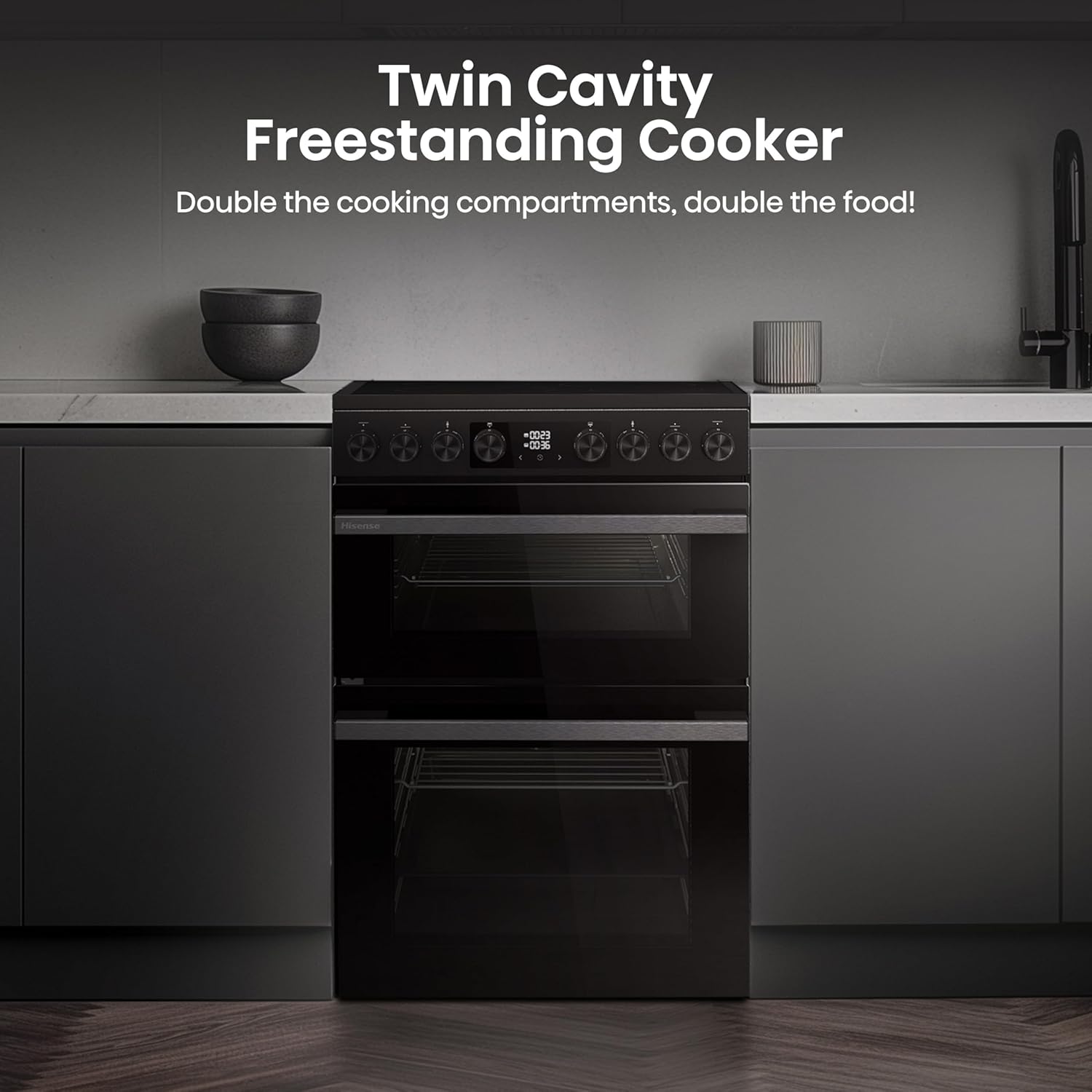 Hisense HDUKC60B 60cm Electric Cooker with Ceramic Hob-Black, A Rated Double Oven 50L/80L [Energy Class A]