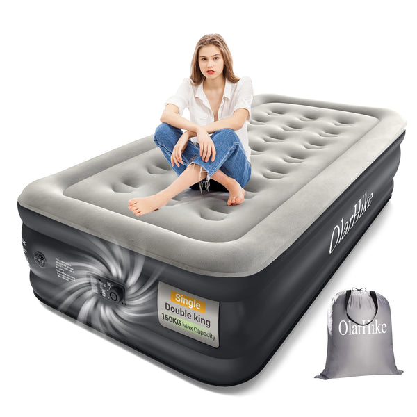 OlarHike Inflatable Mattress, Air Bed Double with Built-in Electric Pump, King Size Blow Up Self Inflating Guest Airbed with Flocked Surface for Camping or Home Use, 190cm L x 140cm W x 46cm H(Black)