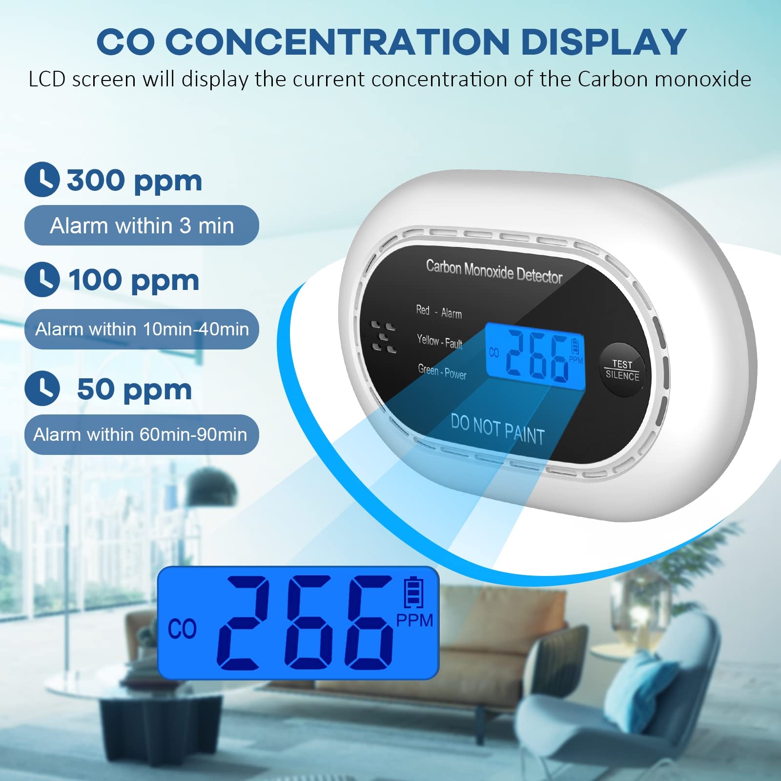 Carbon Monoxide Detector with LCD Digital Display, CE Certified CO Alarm with Sealed in 10 Year Battery, Standalone Audible CO Detector for Home,Black,1 Pack