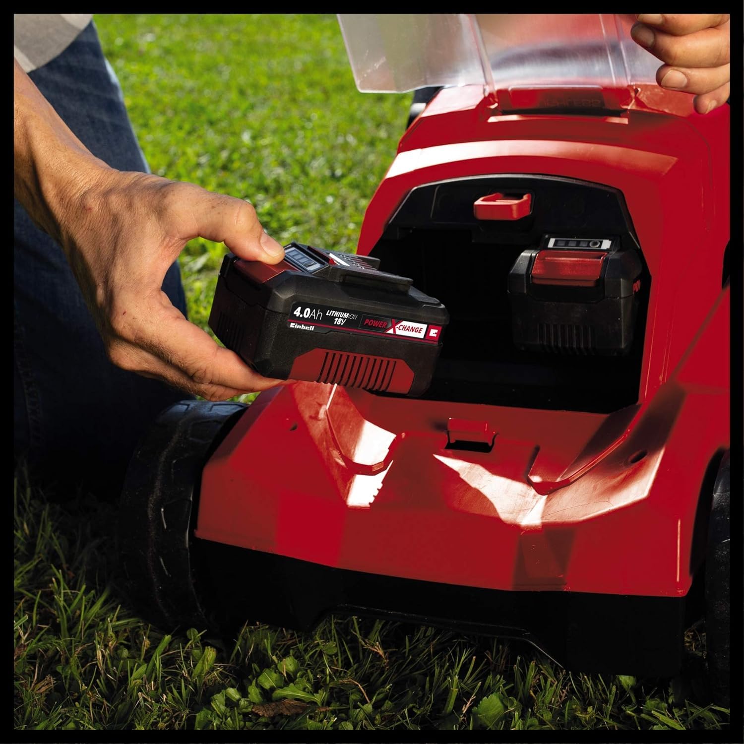 Einhell Power X-Change 36/43 Cordless Lawnmower With Battery (x2) and Charger (x2) - 36V, 43cm Cutting Width, 63L Grass Box, 6 Cutting Heights, Mulching - GE-CM 43 Li M Battery Lawn Mower Red / Black