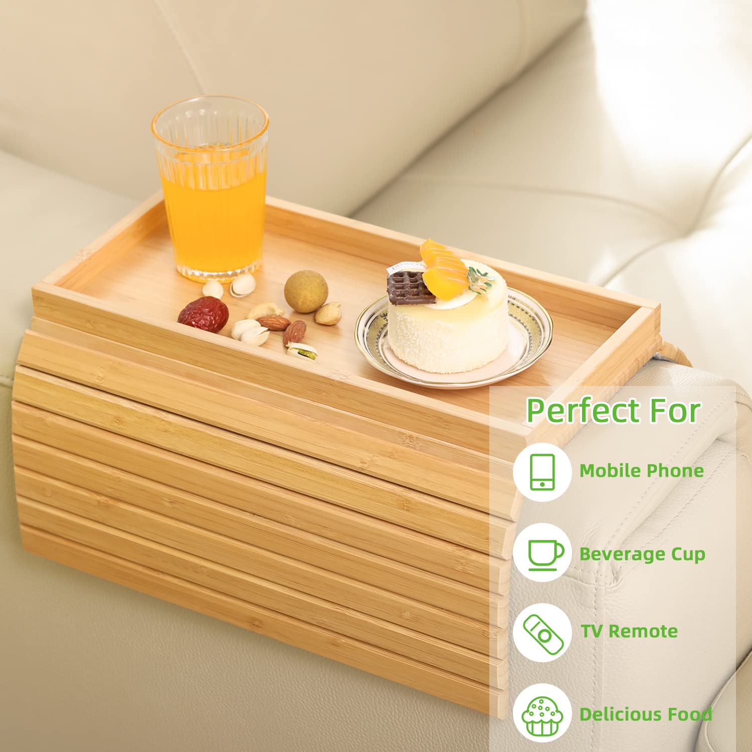 GEHE Natural Bamboo Sofa Arm Tray Table, Anti-Slip Couch Cup Holder for Snacks, Phone, Control, Cups - Flexible and Foldable