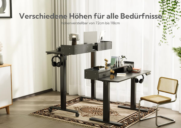 Claiks Electric Standing Desk with Drawers, 120x60cm Height Adjustable Desk with Storage Shelf and Splice Board, Stand Up Desk for Home Office, White Frame/Maple Top