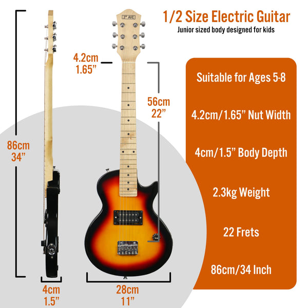 3rd Avenue 1/4 Size Kids Electric Guitar Pack for Junior Beginners - 6 Months FREE Lessons, 5W Portable Amp, Cable, Bag, Picks and Strap - Red