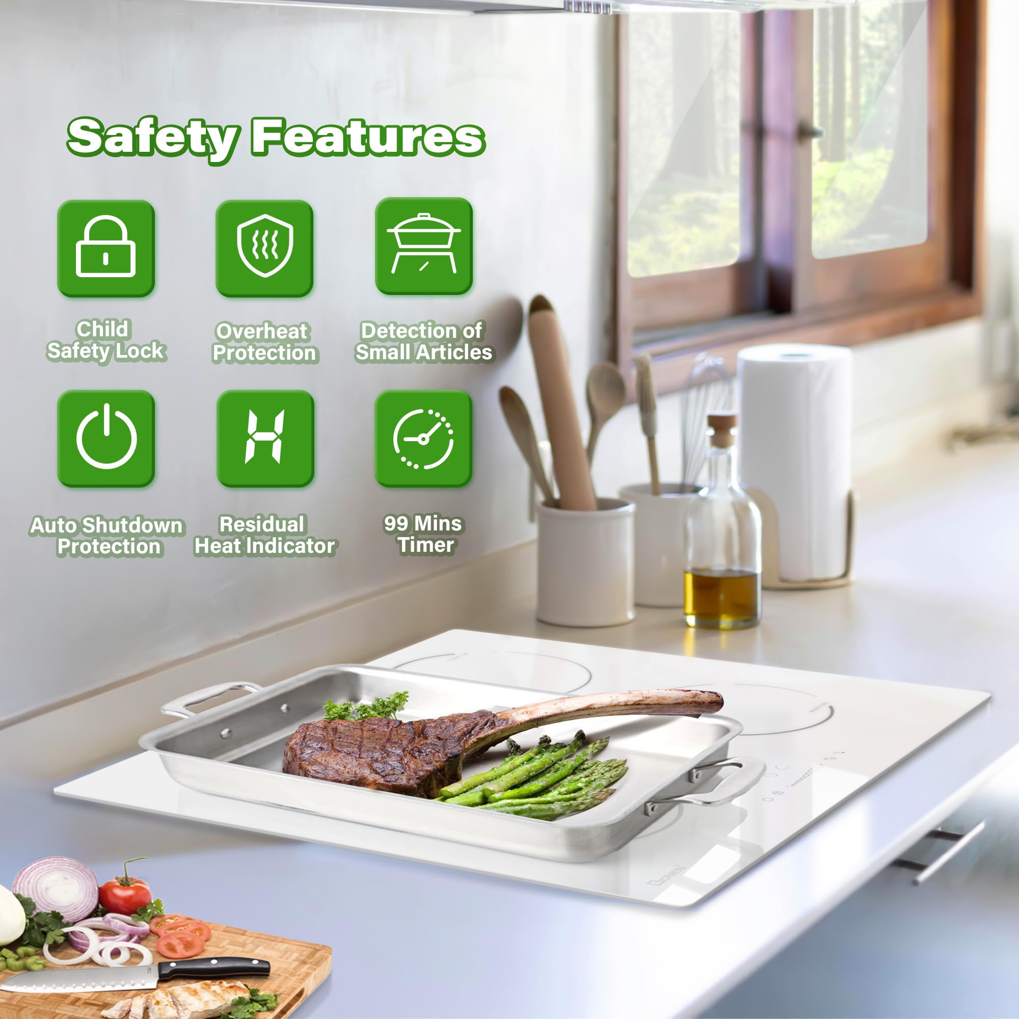 GlONlEN Plug-in Induction Hob White 13 Amp 2800W,59cm Integrated Electric Cooktop with Bridge Zone, 4 Cooking Rings,Built-in Cooker