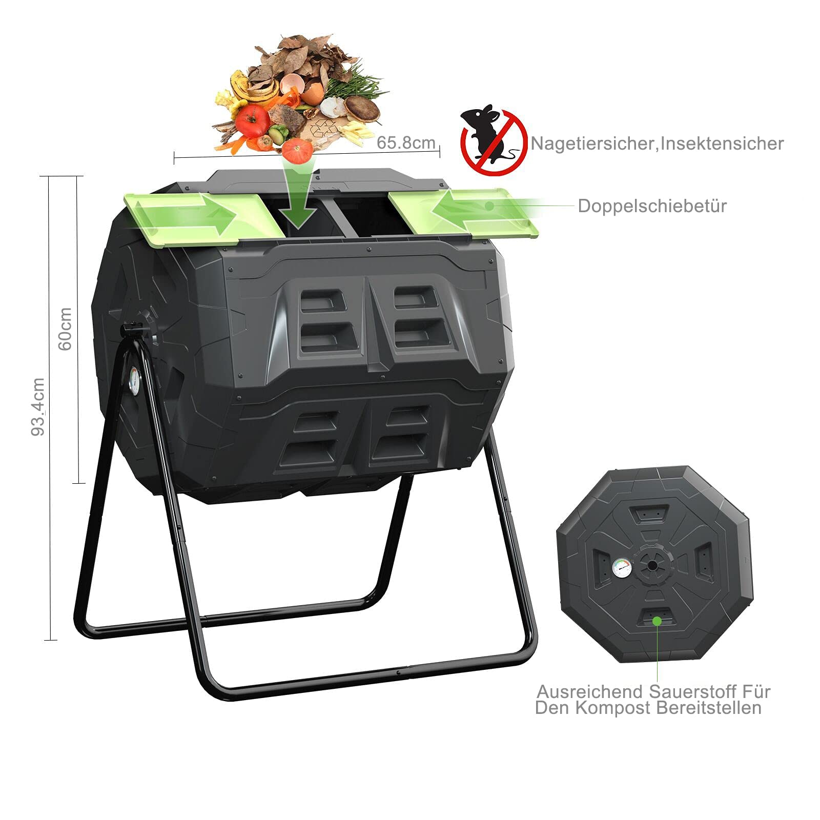 160L Upgraded Tumbling Composter with Compost Thermometer - Dual Chamber Garden Compost Bin (Green)