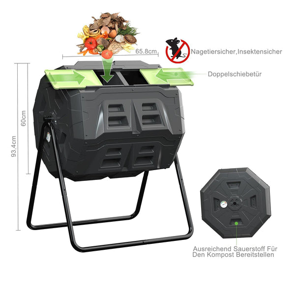 160L Upgraded Tumbling Composter with Compost Thermometer - Dual Chamber Garden Compost Bin (Green)