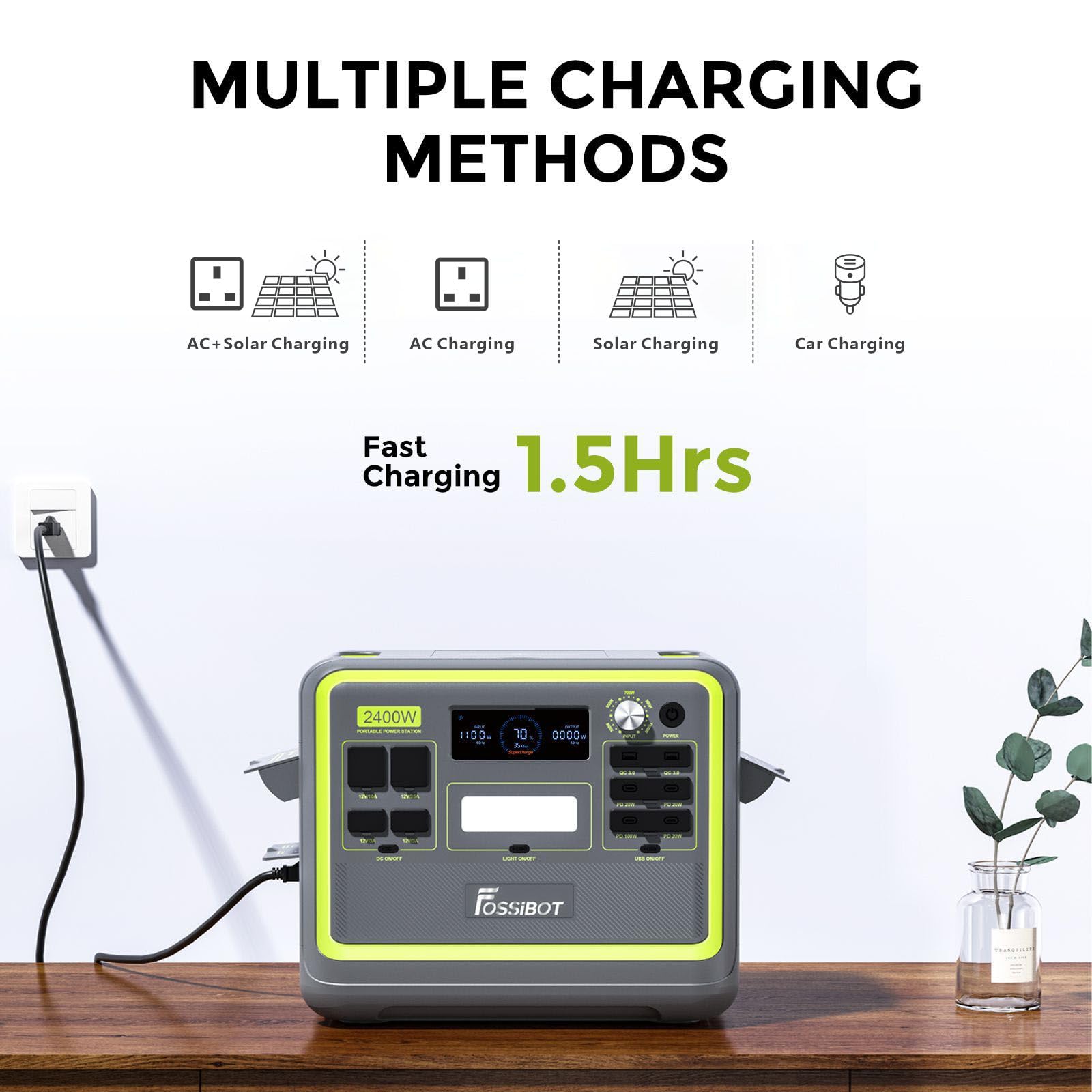 FOSSiBOT Tragbare Power Station F2400: 2048Wh LiFePO4 solargenerator with 3 x 230V AC Output 2400W (4800W Peak), 1.5H full charge, Applicable to RV/Camping/Home