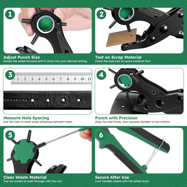 Professional Leather Hole Punch Plier - Tonmifr Heavy Duty 6 Sizes Belt & Watch Band Hole Puncher Tool, Leather Craft Tool for Belts, Handbags, Straps, Precision Ground Punches with Non-Slip Grips