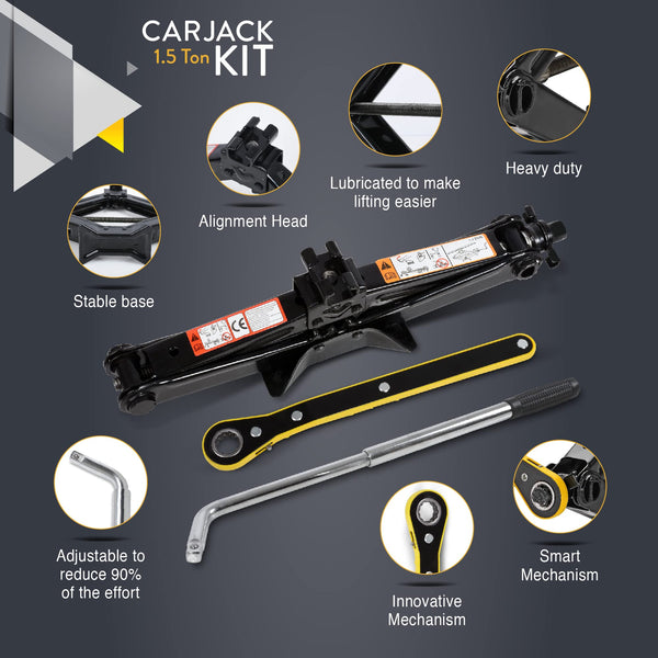 Car Jack Kit | Scissor Jack for Car 1.5 Ton (3,300 lbs) - Tire Jack Tool Kit | Portable, Ideal for SUV and Auto - Universal Emergency Kit with Lug Wrench | Heavy Duty Material