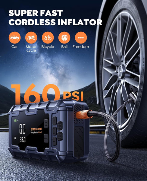 TREKURE 7-IN-1 6000A Jump Starter Power Pack with 160PSI Air Compressor, PD45W Charger with Car Battery Booster Jump Starter (all Gas/12L Diesel), Car Starter Power Bank, Gloves, Lights, QC3.0