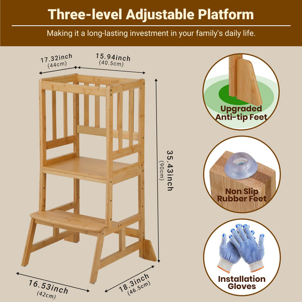 COSYLAND Height Adjustable Kids Kitchen Step Stool with Anti-tip Support Corners - Kids Standing Tower for Kitchen Counter, Bathroom, Nursery (Black)