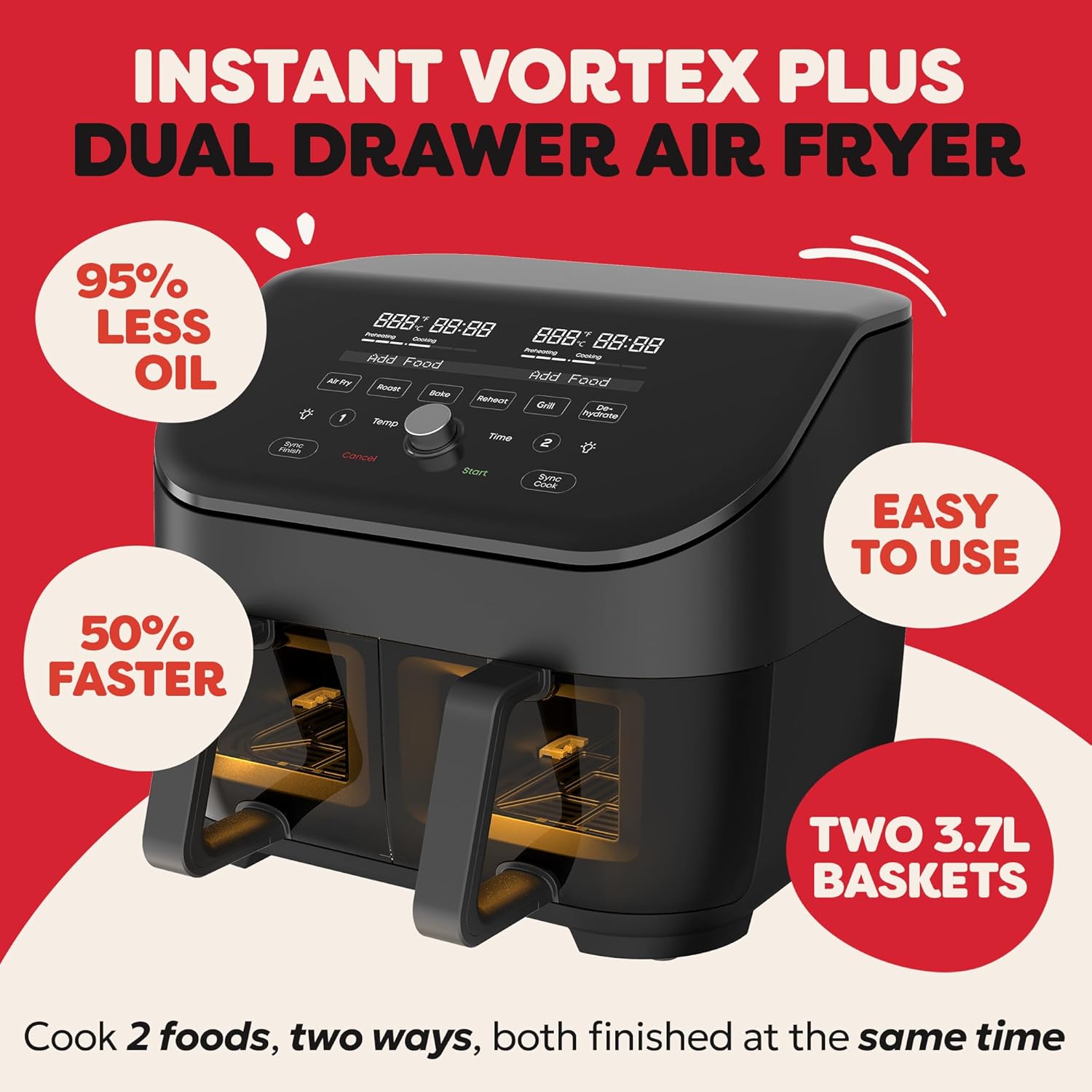 Instant Pot - Versazone Dual Black Air Fryer - Large 8.5L, Family Size - Single Double Basket with Divider - 8 in 1 - Food Dehydrate, Grill, Bake, Roast, Reheat, Non-Stick, Easy Clean, Dishwasher Safe
