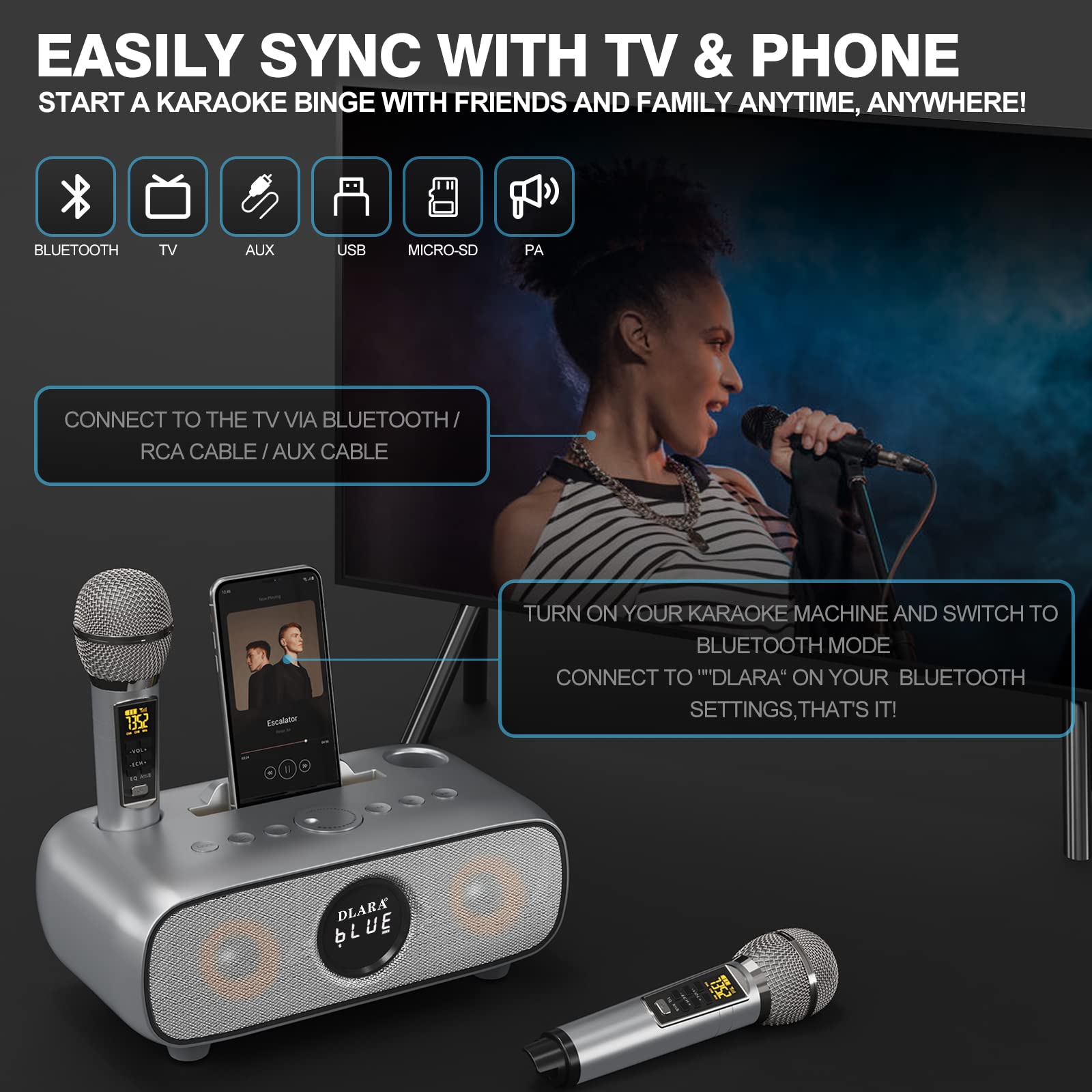 Upgrade Karaoke Machine for Adults and Kids,Portable Bluetooth 2 UHF Wireless Karaoke Microphone with Holder/USB/TF Card/AUX-in,PA Speaker System for Home Party, Picnic,Car,Outdoor/Indoor-Grey