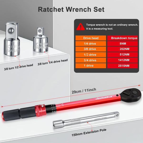 ATsafepro Torque Wrench 3/4 Inch, 100-600 Nm Torque Wrenchs, ±3% Error Accuracy with 48 Teeth Dual-Direction Adjustable for Repair of Car, Truck, Tractor
