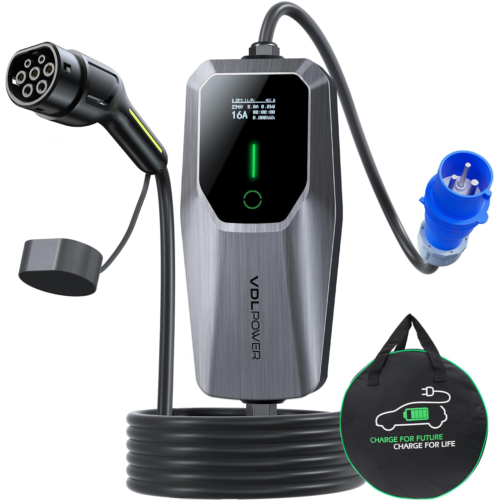 VDLPOWEREU EV Charger 3.6kw, 6A/8A/10A/13A Variable, 3Pin Home Electric Car Charger Cable Type 2, 5 Metres Single-phase Charger with LED Display& Carry Bag, IP65 Waterproof