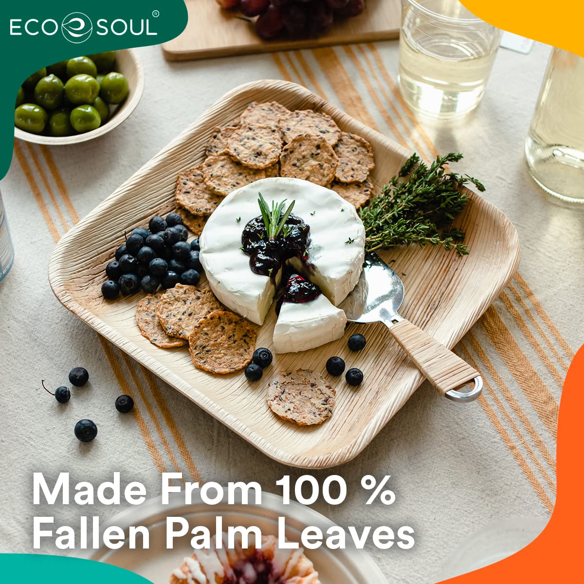 ECO SOUL 100 Disposable Palm Leaf Plates 10(25cm) Square Large Bamboo Plate I Eco Friendly, Biodegradable, Compostable Heavy-Duty Plate, Wooden