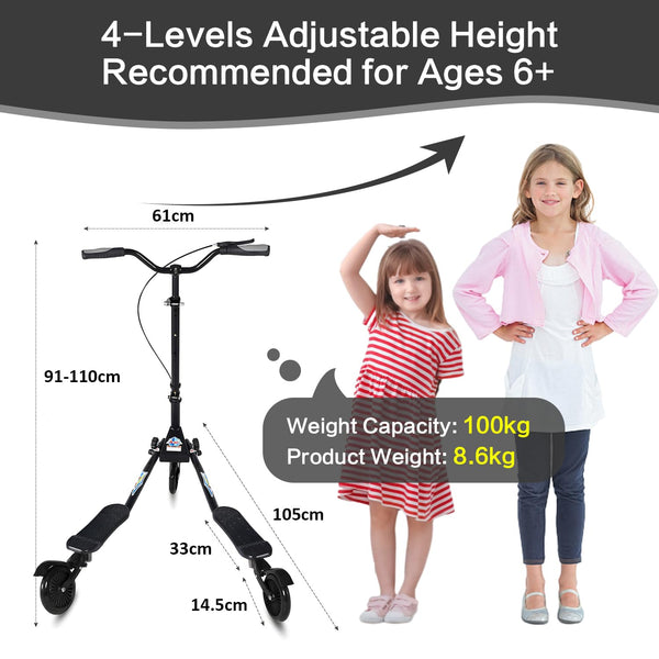 AOODIL Swing Scooter Adjustable 3 Wheels Foldable Wiggle Scooter Self Drifting for Kids/Adult Age 6 Years Old and Up