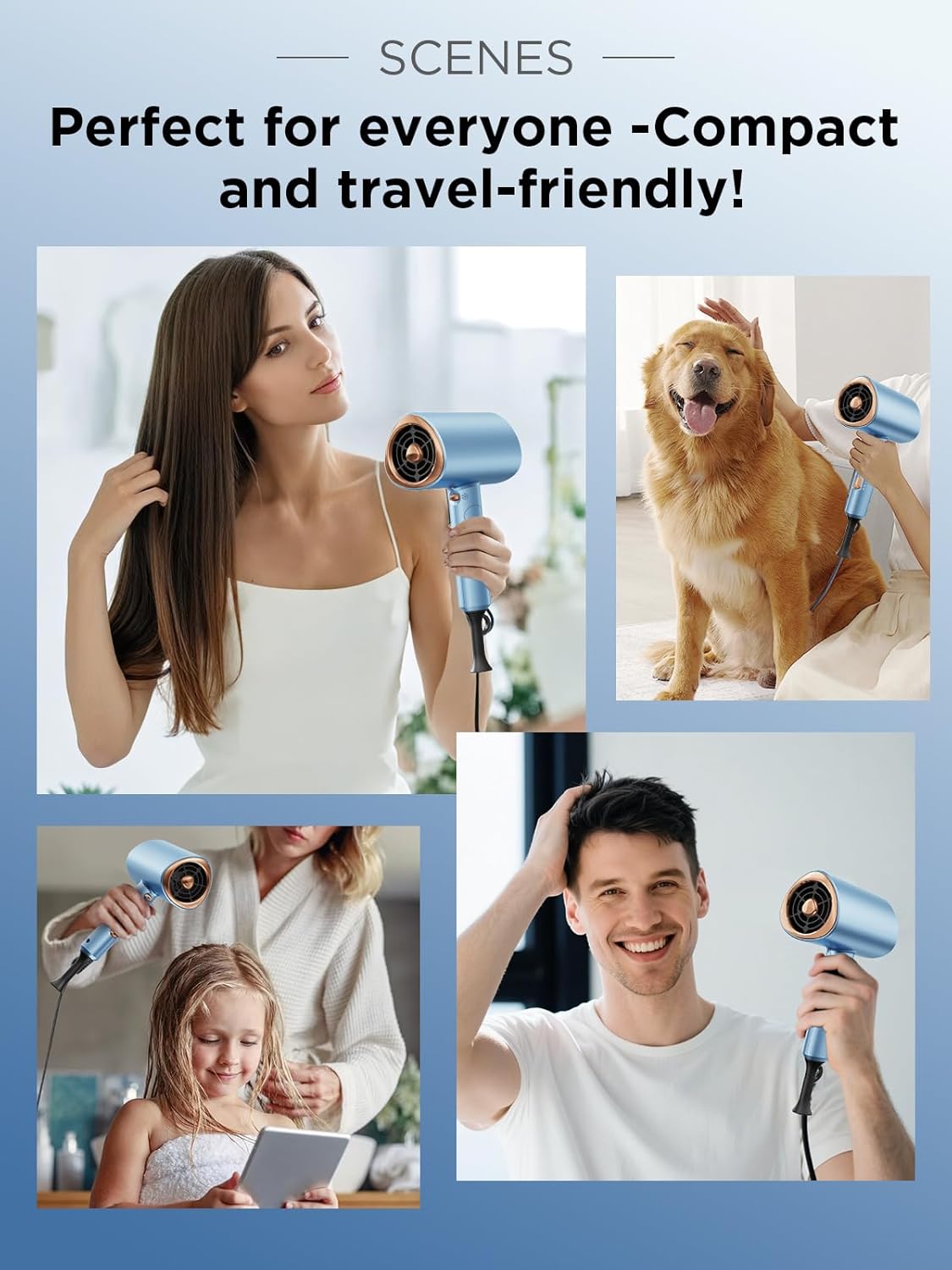 Foldable Ionic Hair Dryer 2000W Professional Blow Dryer with 2 Speed 3 Heat, Cool Shot, Diffuser & Concentrator, Styling Combs, for Men & Women, Blue