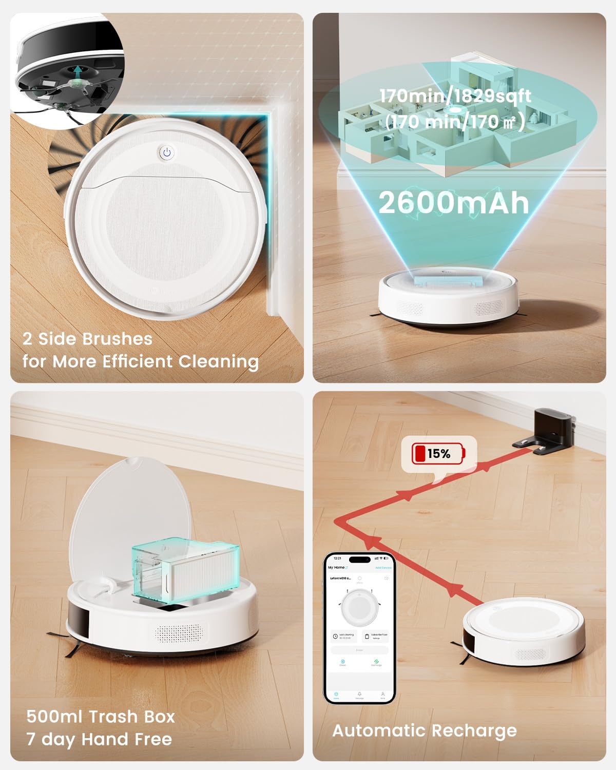 Lefant M210 Robot Vacuum Cleaner, 2200Pa Strong Suction, 7.8cm Thin 28cm DIA, Automatic Self-Charging Small Robotic Vacuums, Wi-Fi/App/Alexa Control, Ideal for Pet Hair Hard Floor and Carpet