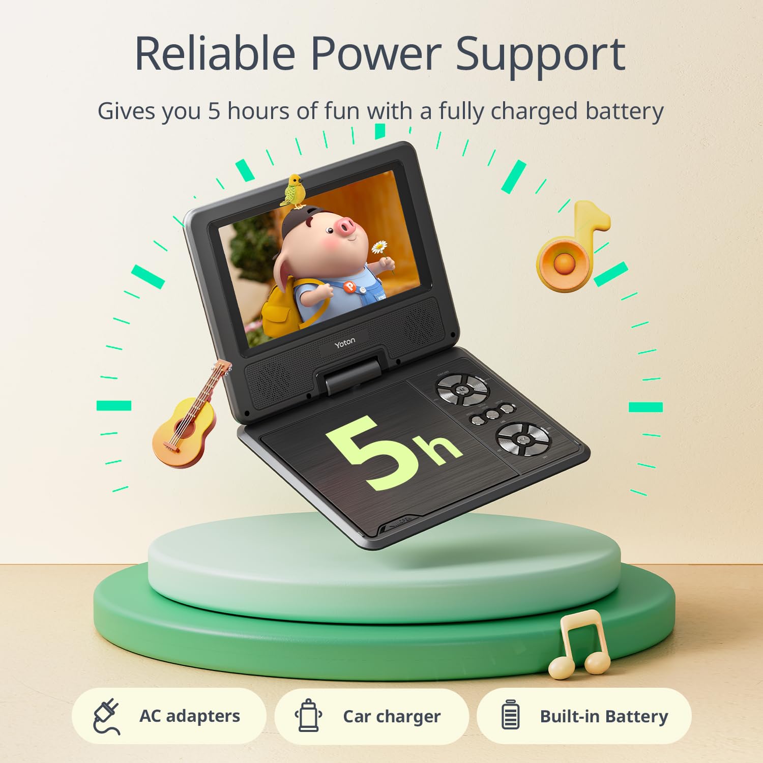 9.5" Portable DVD Player with 7.5" HD Swivel Screen for Car and Kids, 4-6 Hours Working time with Built-in Battery, Headphone/AV-IN/AV-OUT/USB/SD Card [Not Support Blu-ray]