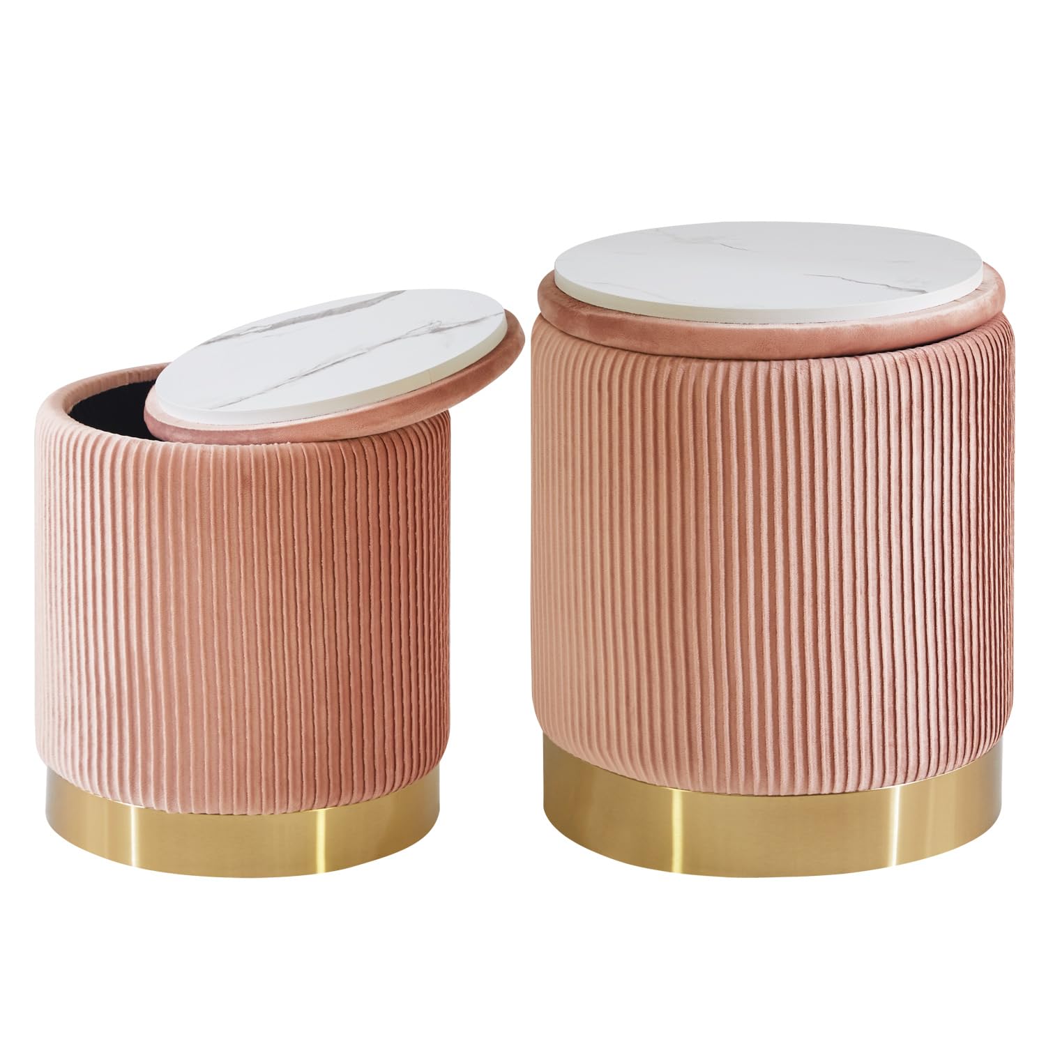 IBUYKE Set of 2 Round Ottoman with Storage & Metal ring decoration, Velvet Vanity Stool for Makeup, Modern Padded Seat Coffee Table, Multipurpose