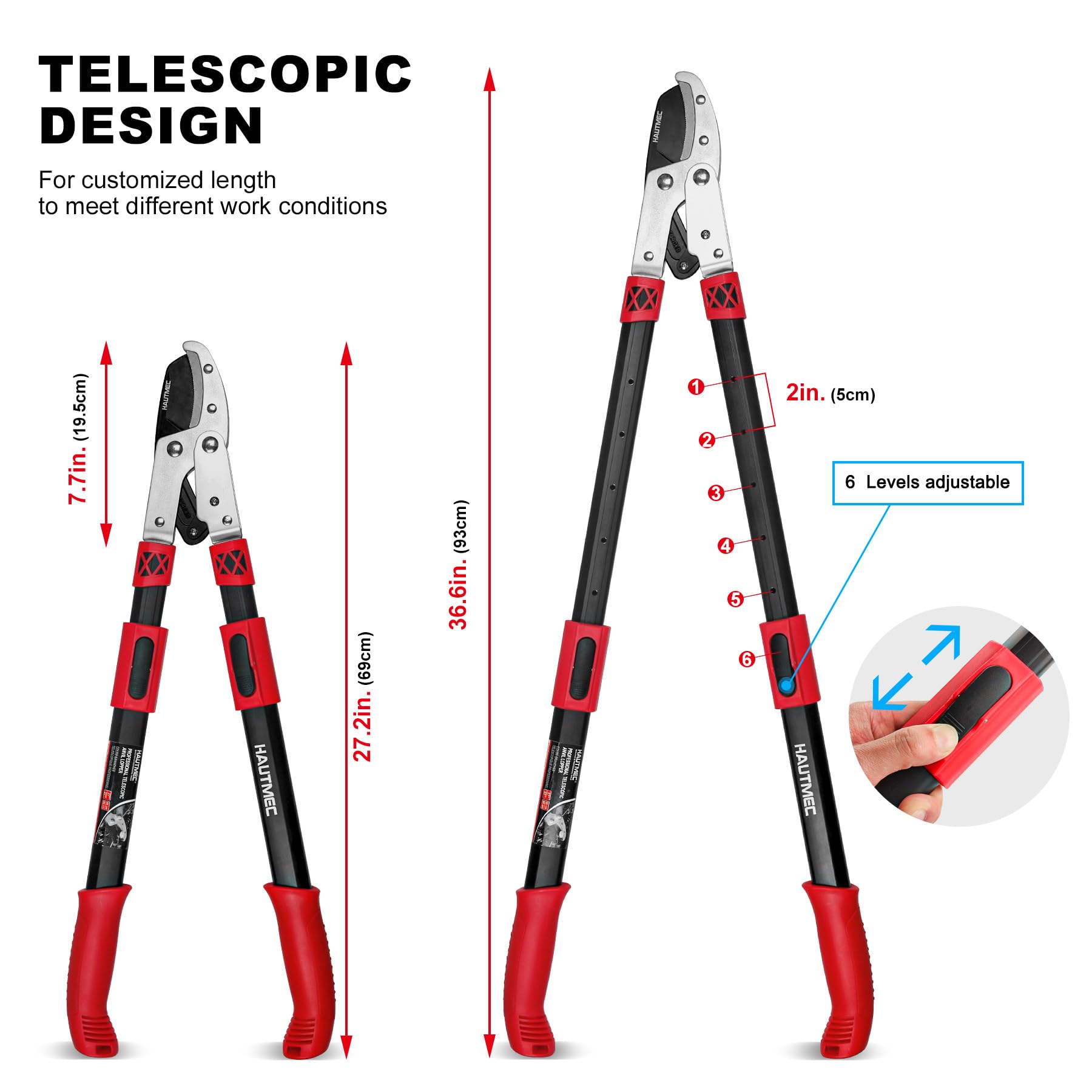 HAUTMEC Extendable 27-37'' Anvil Loppers with Compound Action System, 2 Inch Cut Capacity, Labor-Saving Tree Trimmer, Heavy Duty Thick Branch Garden