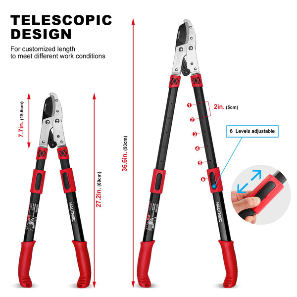 HAUTMEC Extendable 27-37'' Anvil Loppers with Compound Action System, 2 Inch Cut Capacity, Labor-Saving Tree Trimmer, Heavy Duty Thick Branch Garden