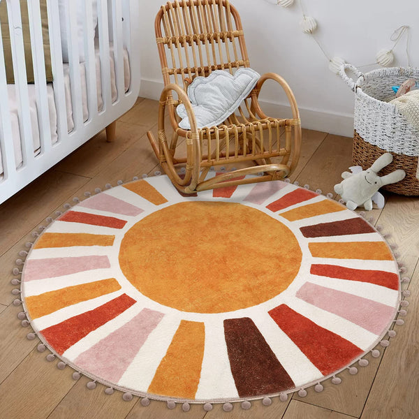 KIMODE Retro Sun Round Rugs Living Room 120cm, Non Slip Area Rugs for Bedroom Soft Machine Washable Rugs Living Room with Pom Poms Fringe Circle