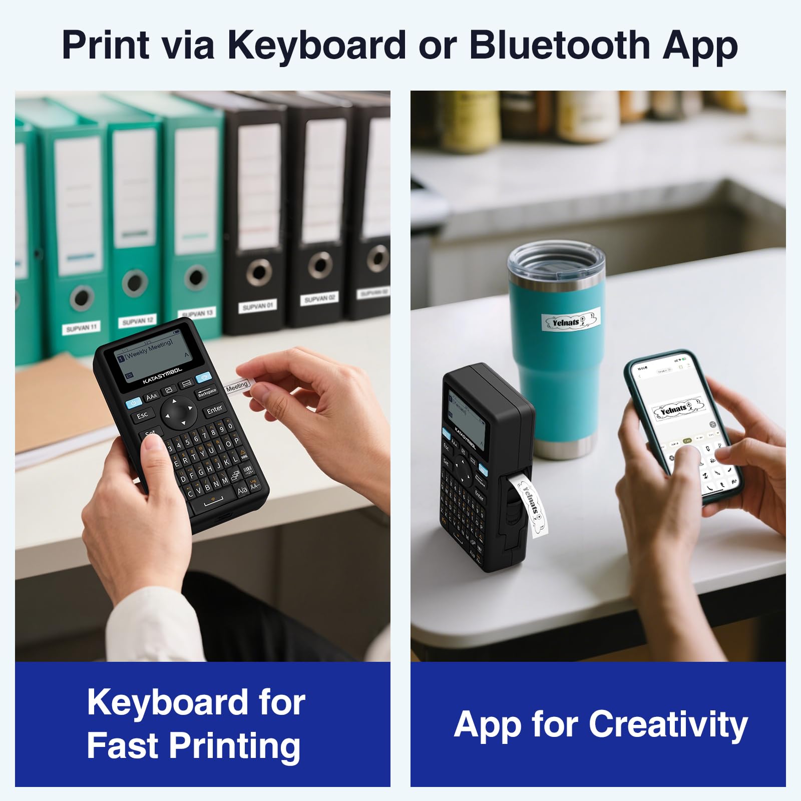 SUPVAN E11 Bluetooth Label Maker Machine with 4 Tapes, Support Keyboard & App with 40 Fonts and 450+ Icons, Rechargeable Inkless Labeler for Home, Kitchen, Office, School Organization, Black